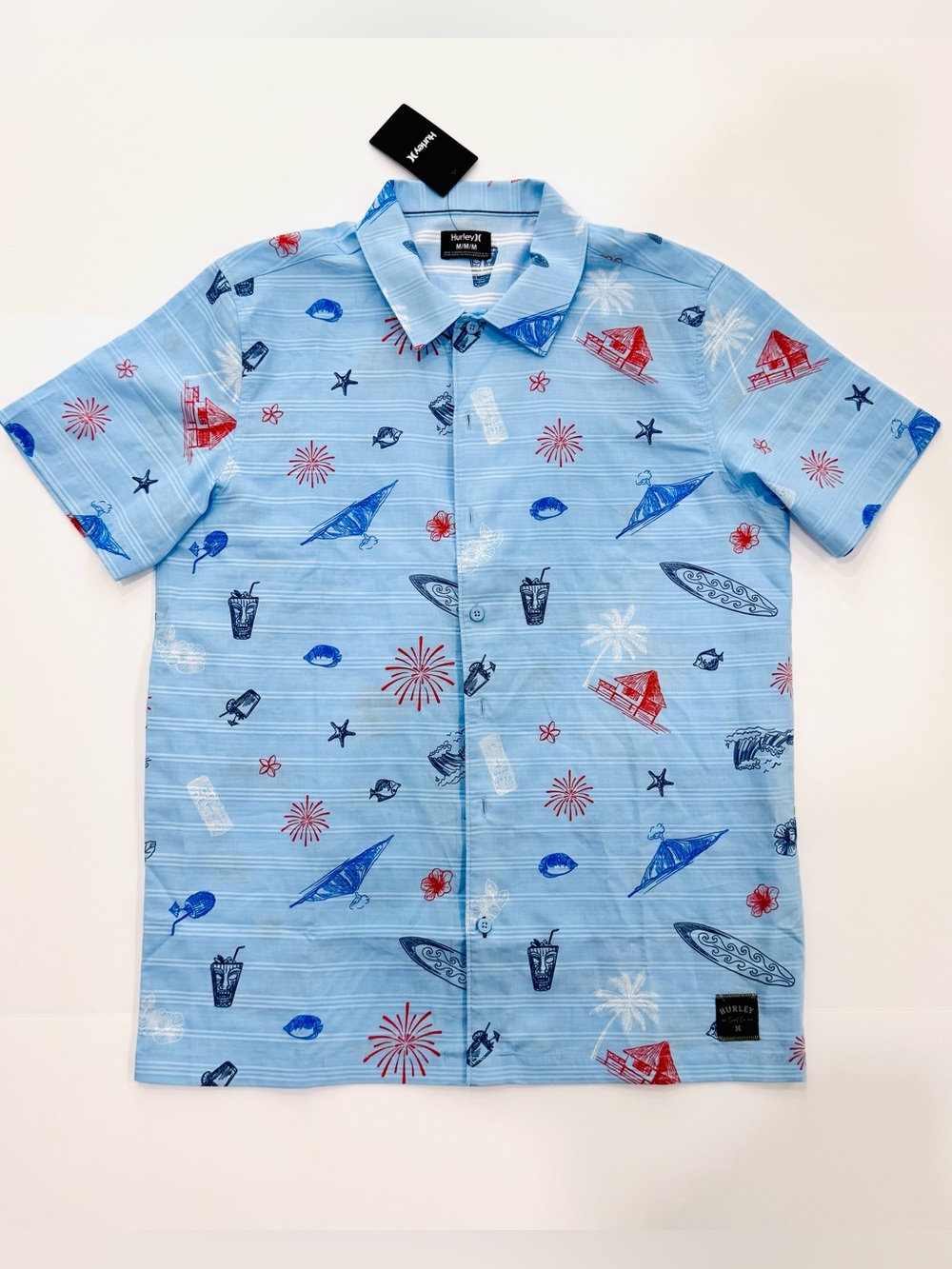 Hurley Men’s Hawaiian Aloha Shirt Size M Blue Tropical Surf Beach Button Up